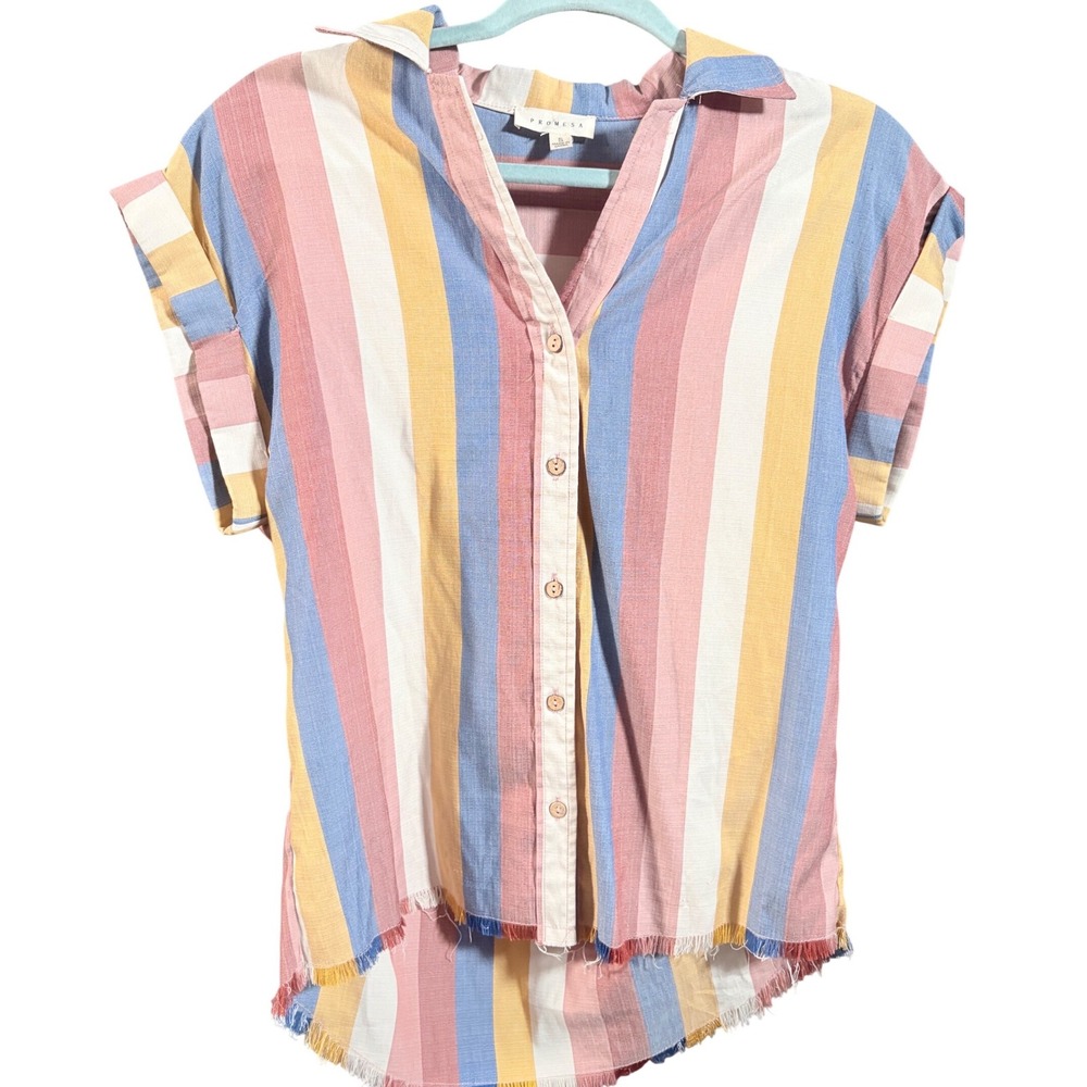 Promesa Womens boxy cropped‎ Striped Short Sleeve Button Down Shirt  size S